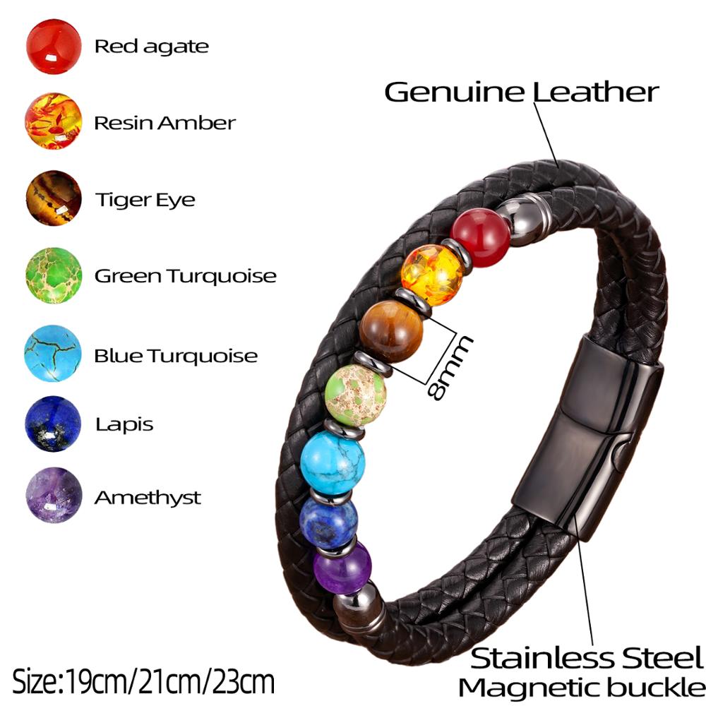 Natural Round Chakra Bead Stone Men and Women Bracelet Classic Black Genuine Leather Stainless Steel Bangles