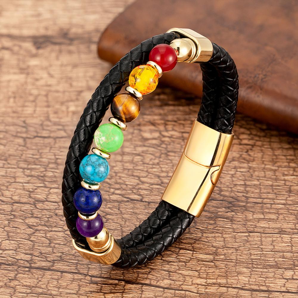 Natural Round Chakra Bead Stone Men and Women Bracelet Classic Black Genuine Leather Stainless Steel Bangles