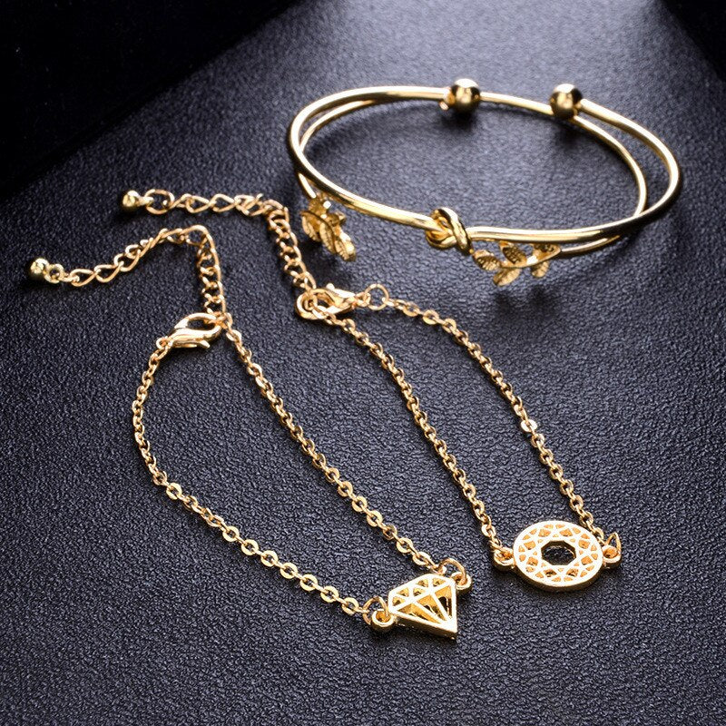 Modyle Bohemian Leaves Knot Round Chain Opening Gold Bracelet Set