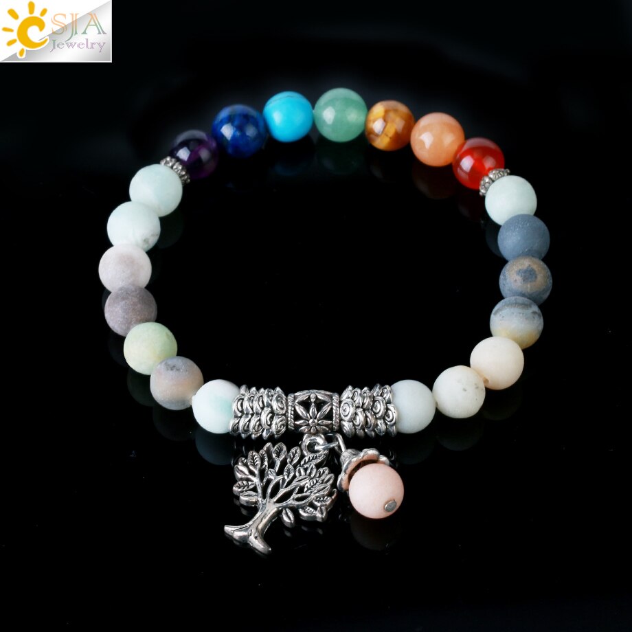 Natural Pink Crystal Quartz 7 Chakra Gem Stone Bead Bracelet Tree Pendant Prayer Healing Stretch Bangles Women Jewelry