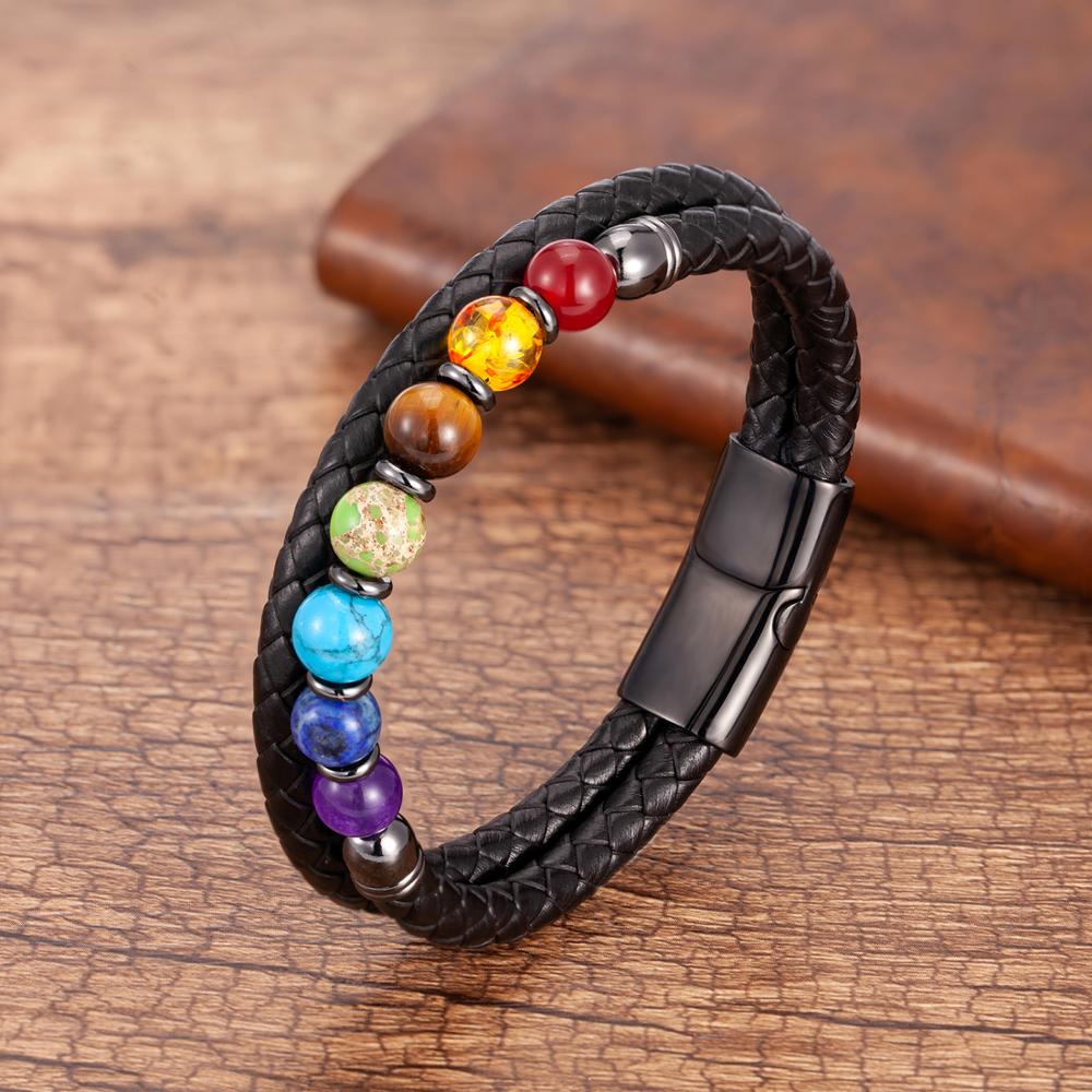 Natural Round Chakra Bead Stone Men and Women Bracelet Classic Black Genuine Leather Stainless Steel Bangles