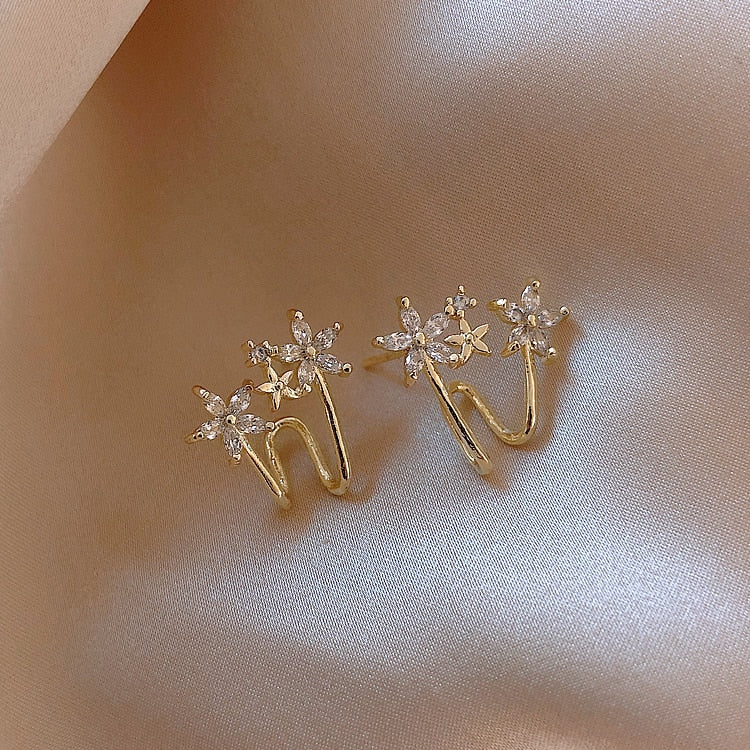 New Korean Classic Sweet Crystal Flowers Clip Earrings For Women Fashion Shiny Zircon Party Boucle D'oreille Girls Jewelry
