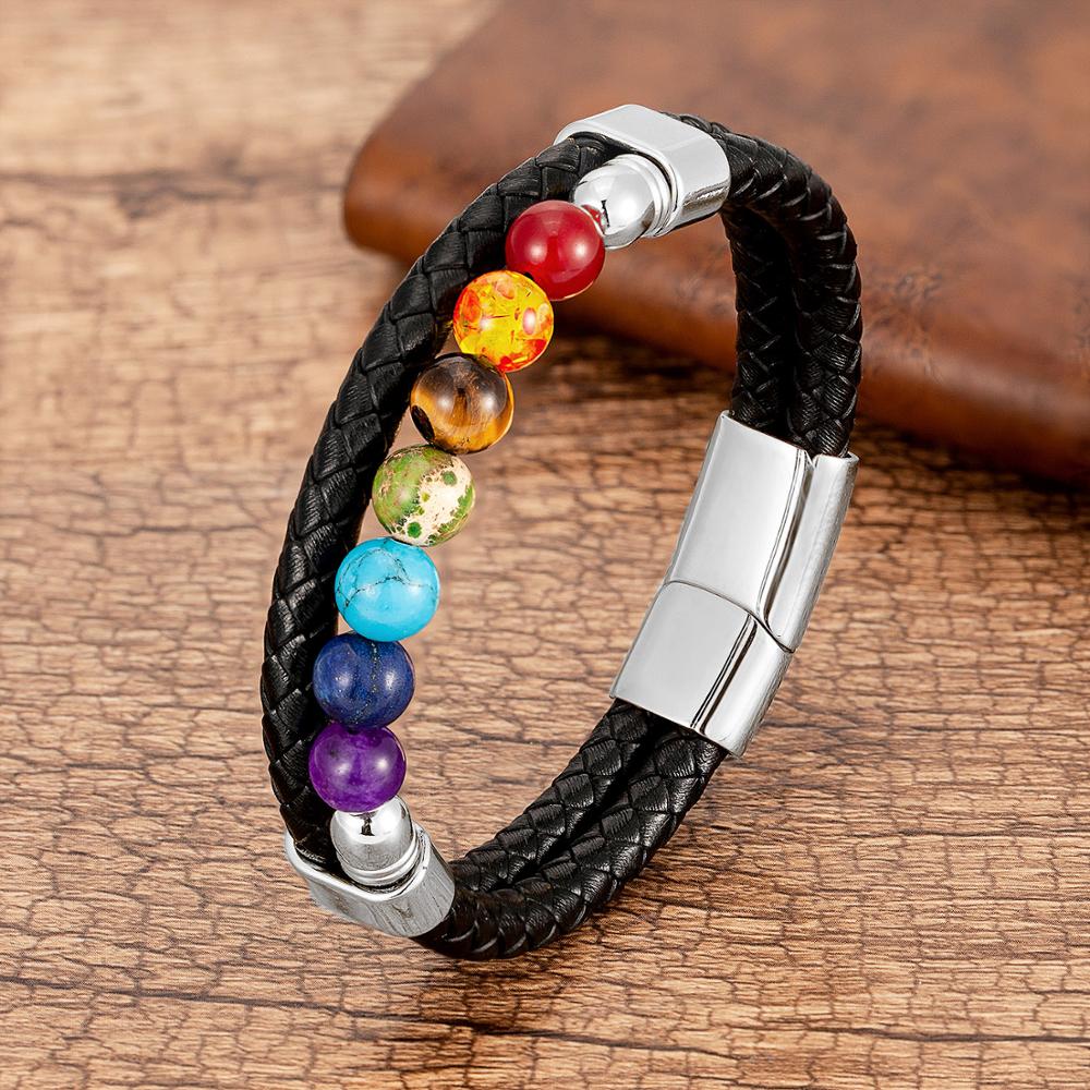 Natural Round Chakra Bead Stone Men and Women Bracelet Classic Black Genuine Leather Stainless Steel Bangles