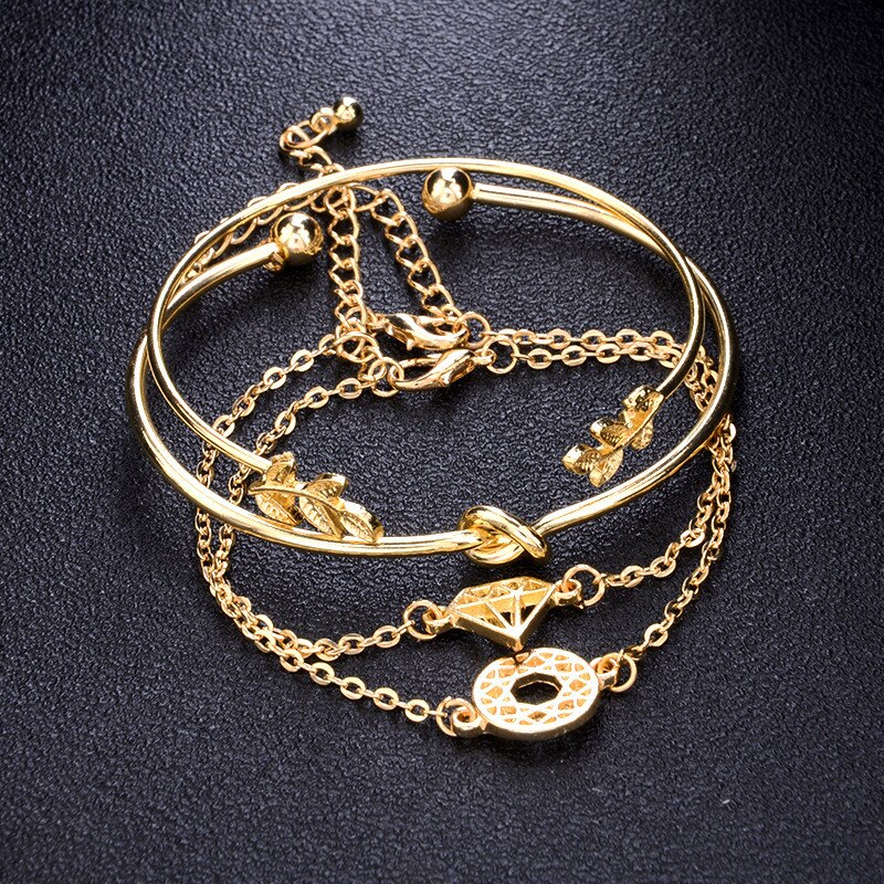 Modyle Bohemian Leaves Knot Round Chain Opening Gold Bracelet Set