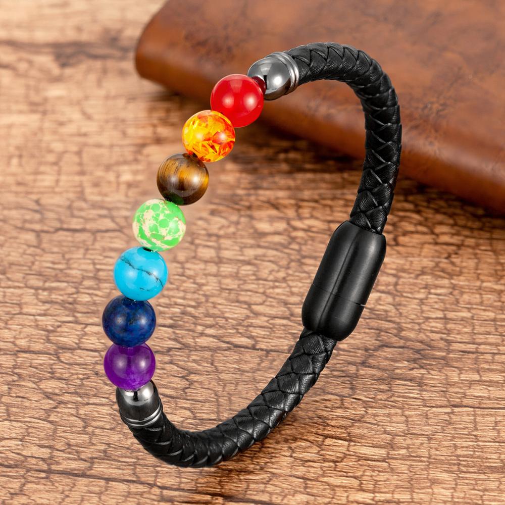 Natural Round Chakra Bead Stone Men and Women Bracelet Classic Black Genuine Leather Stainless Steel Bangles