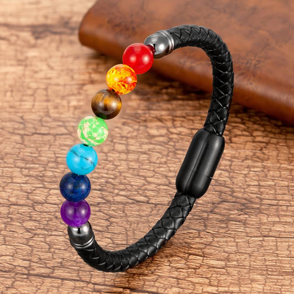 Natural Round Chakra Bead Stone Men and Women Bracelet Classic Black Genuine Leather Stainless Steel Bangles