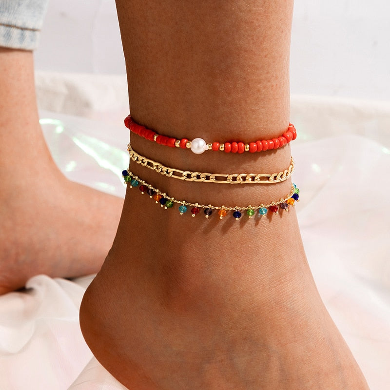 Docona Boho 4pcs/sets Colorful Beaded Anklets