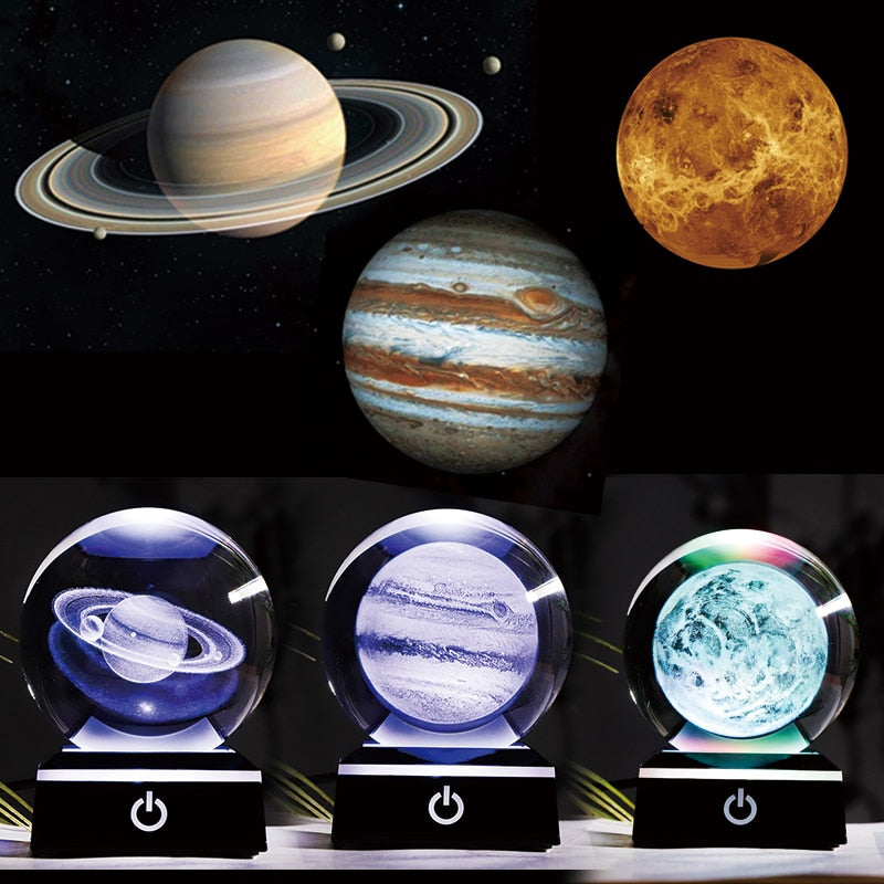 New 80mm K9 Crystal Solar System Planet Globe 3D Laser Engraved Sun System Ball with Touch Switch LED Light Base Astronomy Gifts