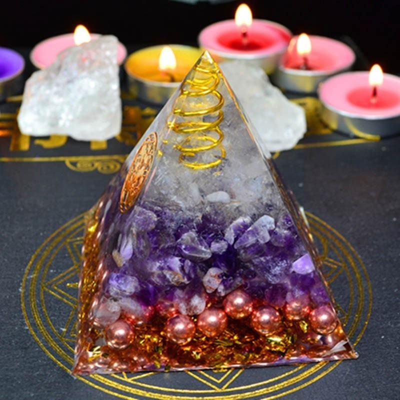 Natural Amethyst Orgonite Pyramid Energy Converter Orgone Aura Chakra Resin Good Luck Gift