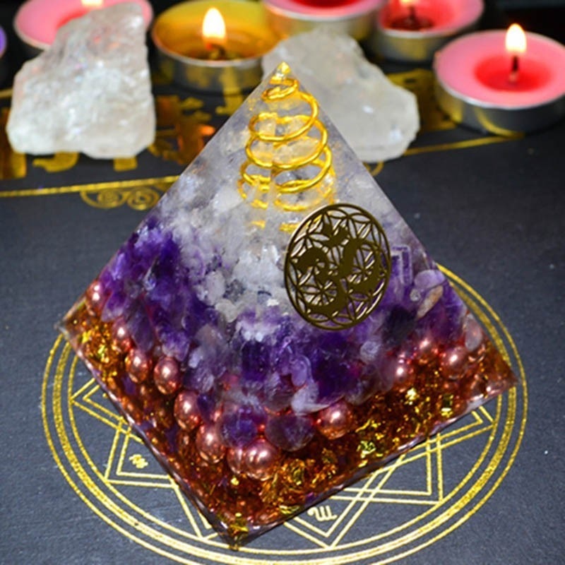 Natural Amethyst Orgonite Pyramid Energy Converter Orgone Aura Chakra Resin Good Luck Gift