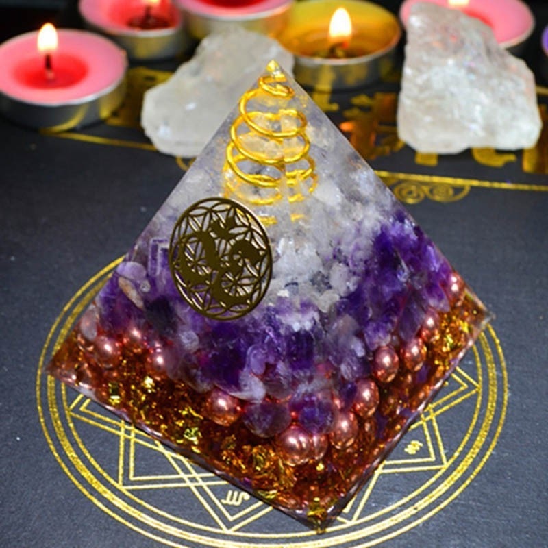 Natural Amethyst Orgonite Pyramid Energy Converter Orgone Aura Chakra Resin Good Luck Gift