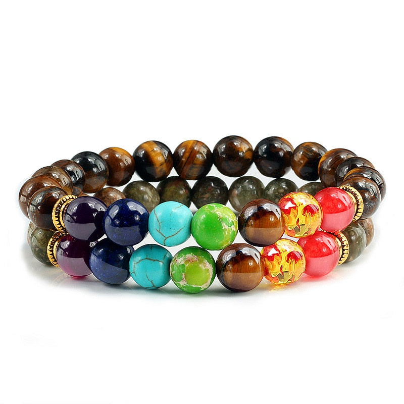 2Pcs/set 7 Chakra Bracelet For Women Men Balance Buddha Reiki Prayer Tiger Eyes Black Natural Stone Beads Yoga Strand Bracelets