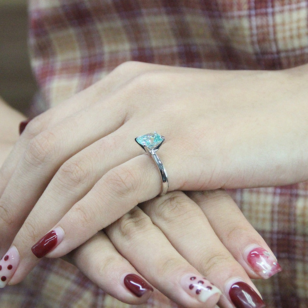 Green Blue Cushion cut Moissanite Centre Stone 3ct 2ct Moissanite Ring Sterling Silver