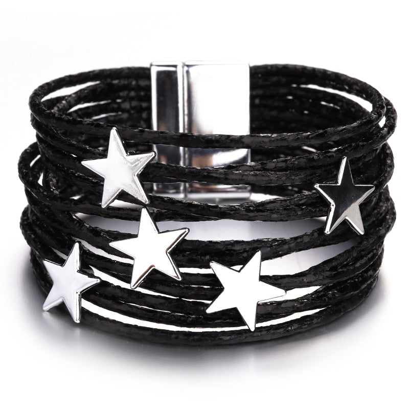 ALLYES Bohemian Leather Bracelets For Women Fashion Pentagram Metal Charm Boho Multilayer Wrap Bracelet Femme Jewelry
