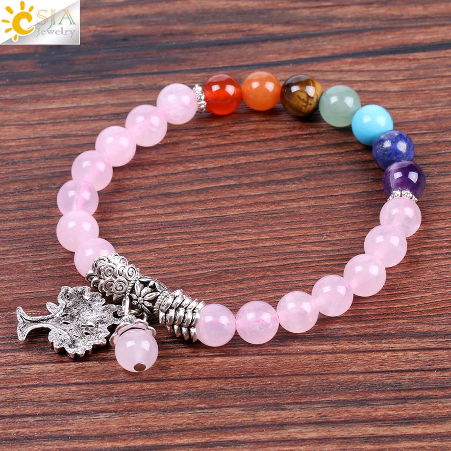 Natural Pink Crystal Quartz 7 Chakra Gem Stone Bead Bracelet Tree Pendant Prayer Healing Stretch Bangles Women Jewelry