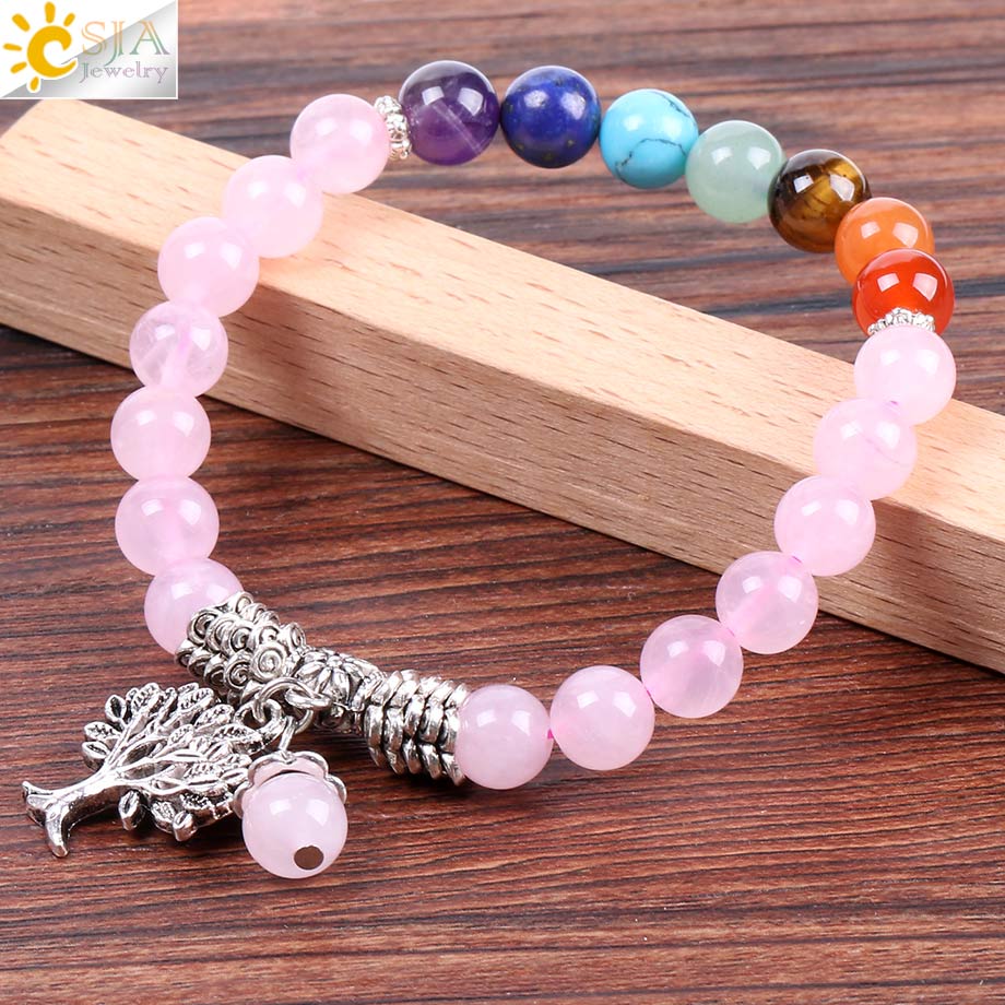 Natural Pink Crystal Quartz 7 Chakra Gem Stone Bead Bracelet Tree Pendant Prayer Healing Stretch Bangles Women Jewelry