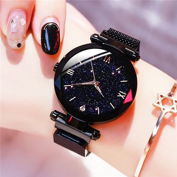 Fashion Starry Sky Watch with Magnet Buckle, Mesh Belt, Diamond Quartz