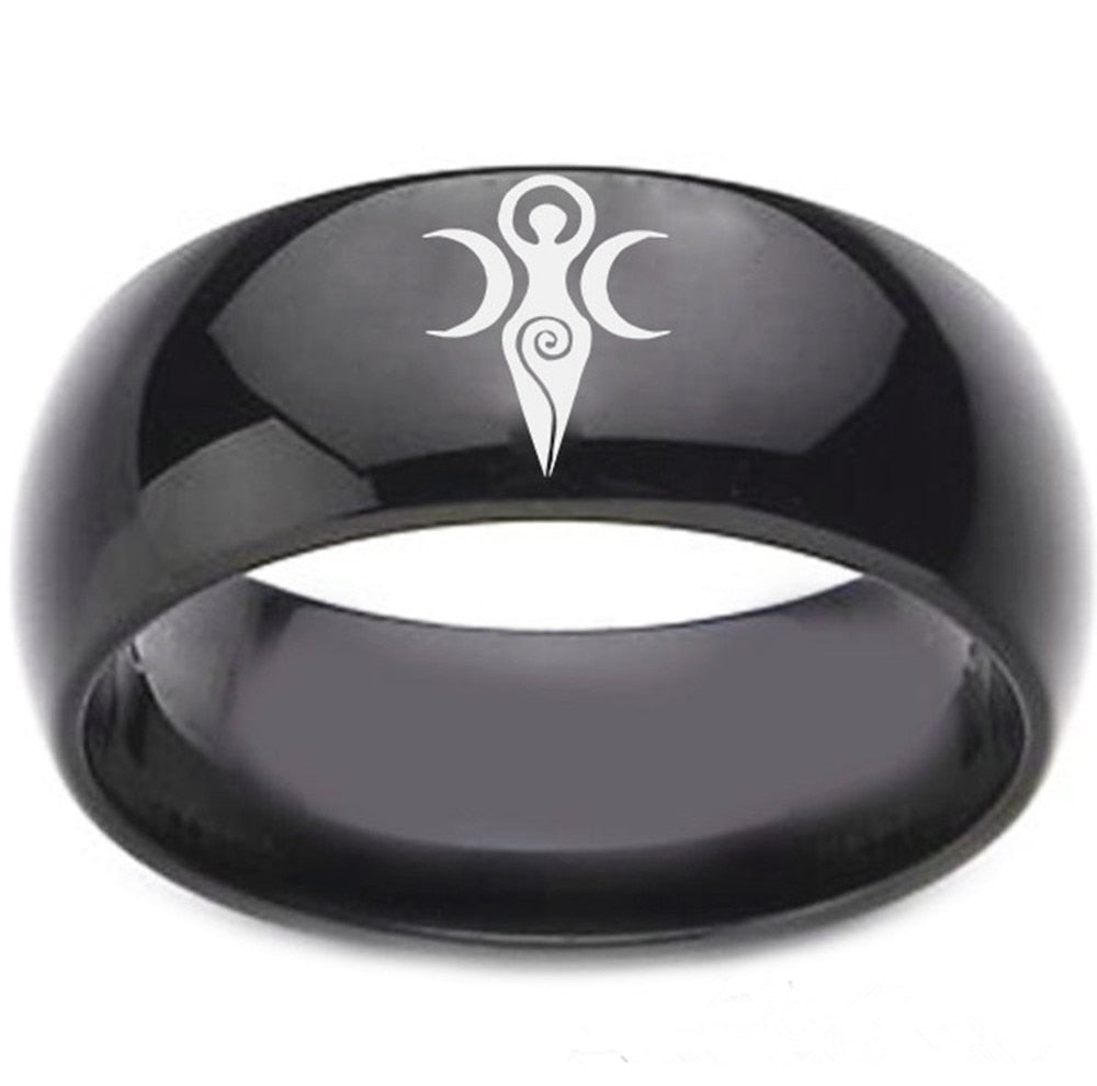 Triple Moon Goddess Ring Pentagram Ring Crescent Moon Black Titanium