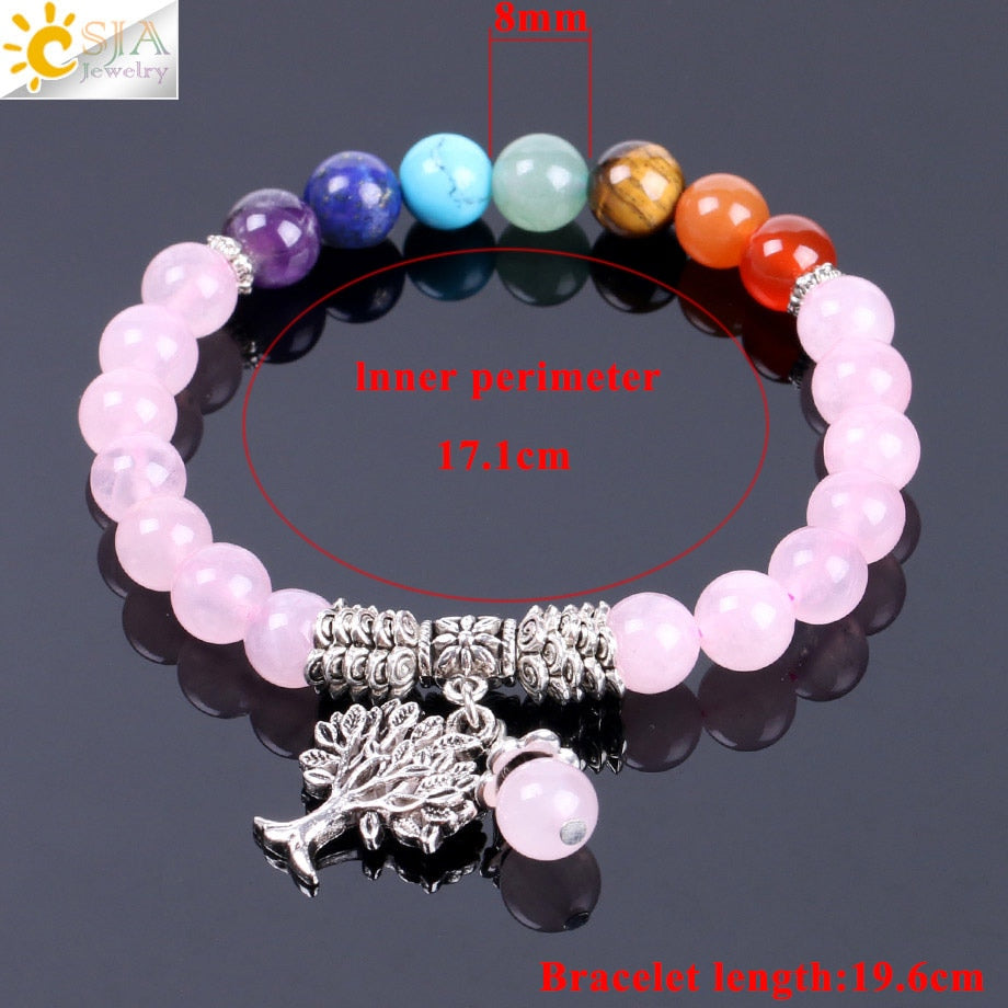 Natural Pink Crystal Quartz 7 Chakra Gem Stone Bead Bracelet Tree Pendant Prayer Healing Stretch Bangles Women Jewelry