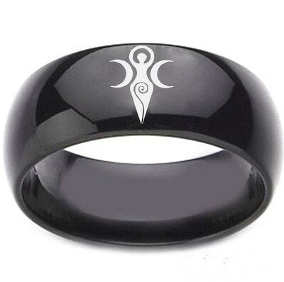 Triple Moon Goddess Ring Pentagram Ring Crescent Moon Black Titanium