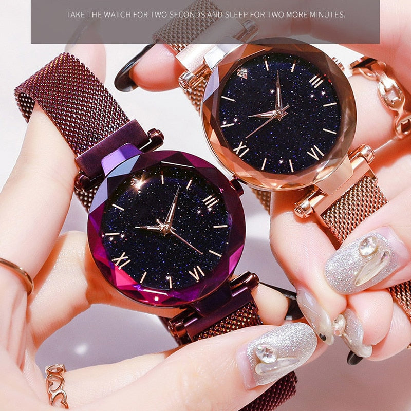 Fashion Starry Sky Watch with Magnet Buckle, Mesh Belt, Diamond Quartz