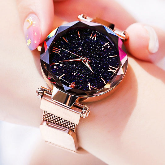 Fashion Starry Sky Watch with Magnet Buckle, Mesh Belt, Diamond Quartz