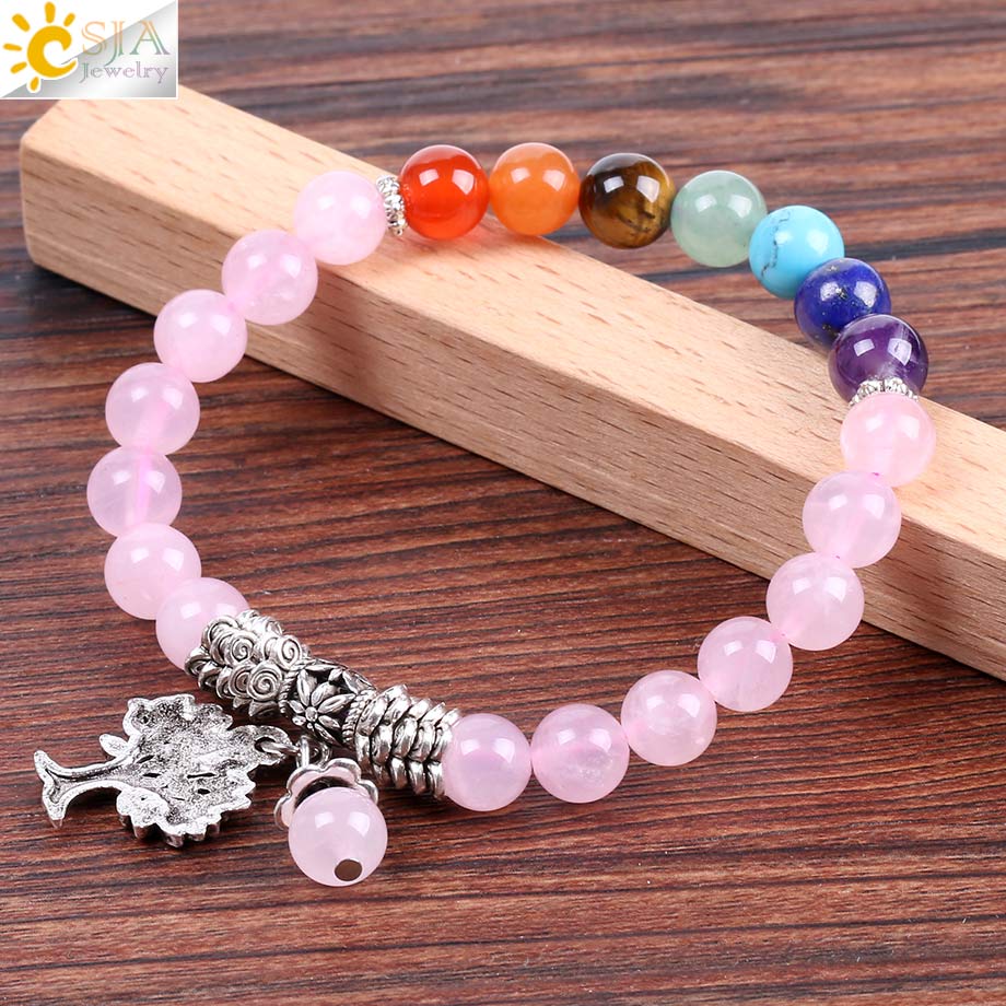 Natural Pink Crystal Quartz 7 Chakra Gem Stone Bead Bracelet Tree Pendant Prayer Healing Stretch Bangles Women Jewelry
