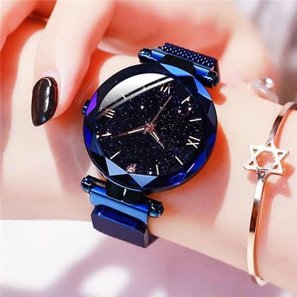Fashion Starry Sky Watch with Magnet Buckle, Mesh Belt, Diamond Quartz