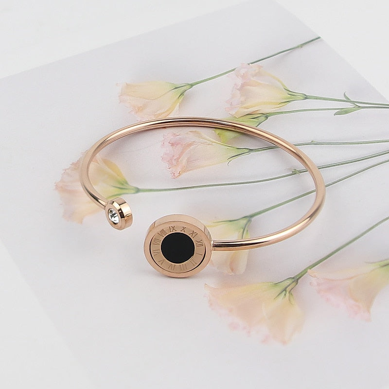 Fashionable rotating black and white Roman digital double bracelet titanium steel crystal bracelet for women jewelry