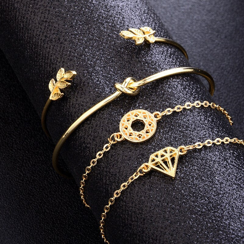 Modyle Bohemian Leaves Knot Round Chain Opening Gold Bracelet Set