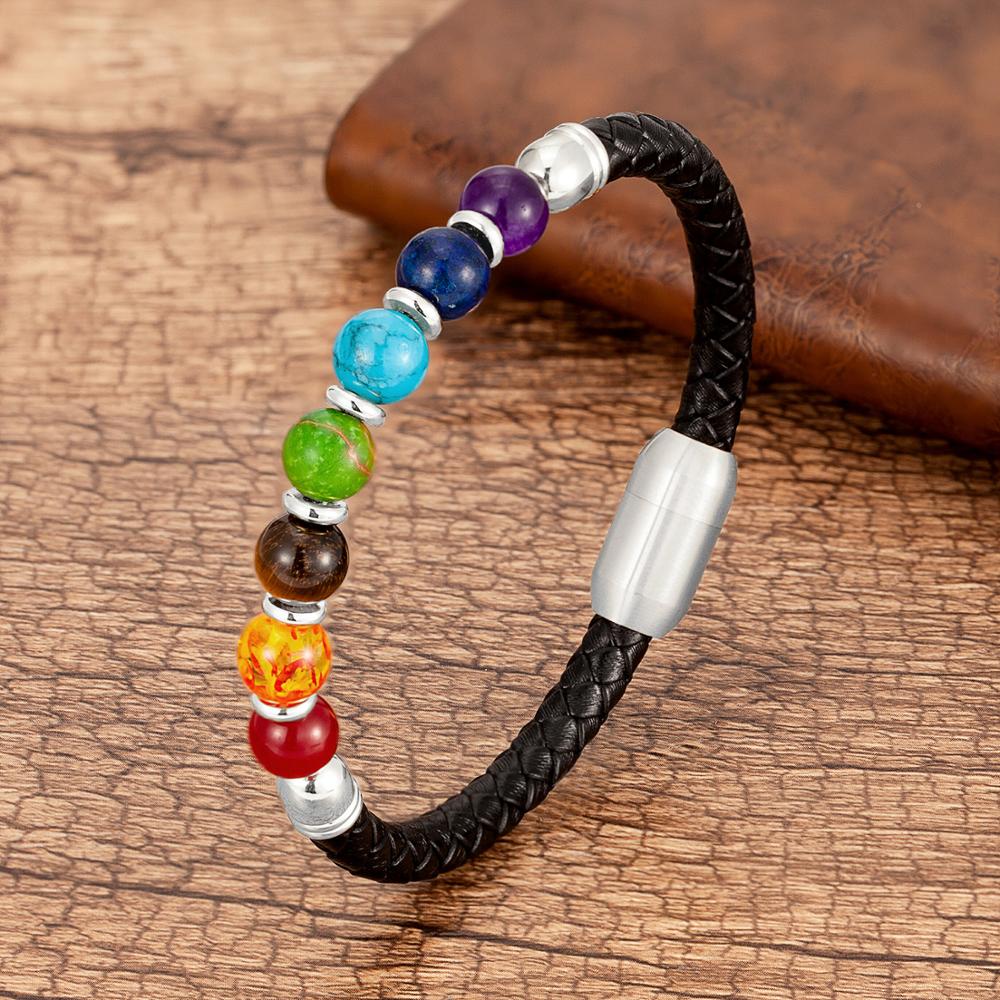 Natural Round Chakra Bead Stone Men and Women Bracelet Classic Black Genuine Leather Stainless Steel Bangles