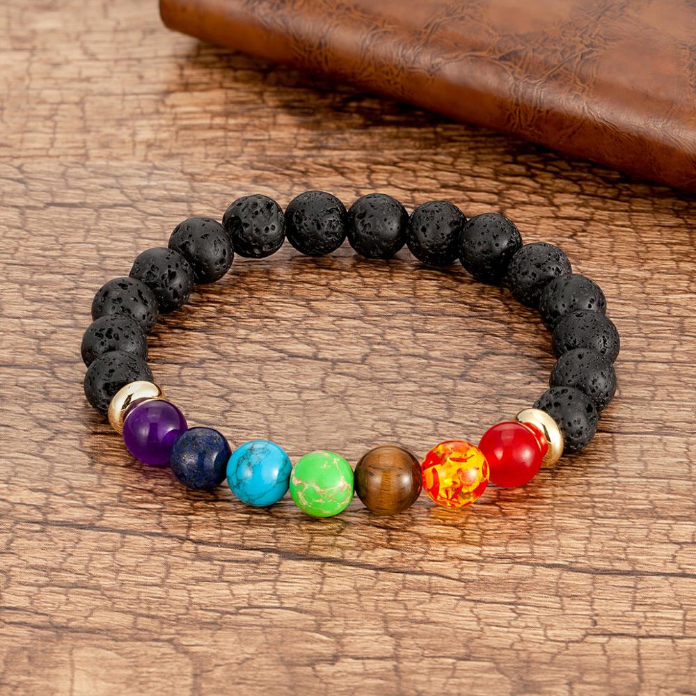 Natural Round Chakra Bead Stone Men and Women Bracelet Classic Black Genuine Leather Stainless Steel Bangles
