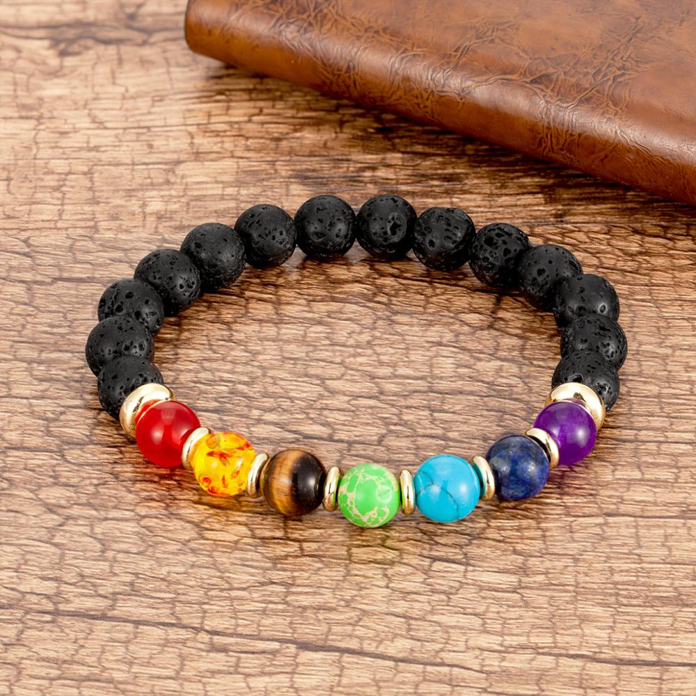 Natural Round Chakra Bead Stone Men and Women Bracelet Classic Black Genuine Leather Stainless Steel Bangles