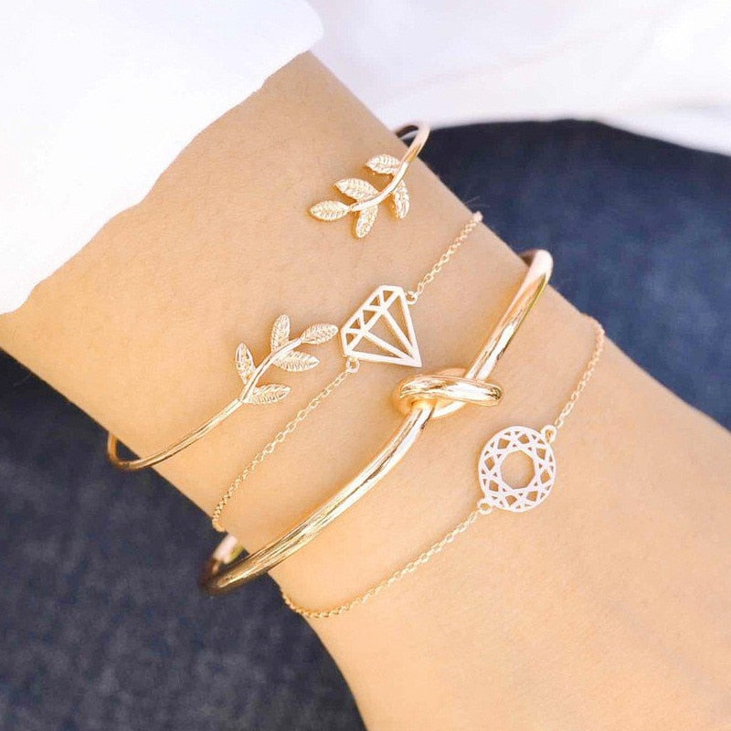 Modyle Bohemian Leaves Knot Round Chain Opening Gold Bracelet Set
