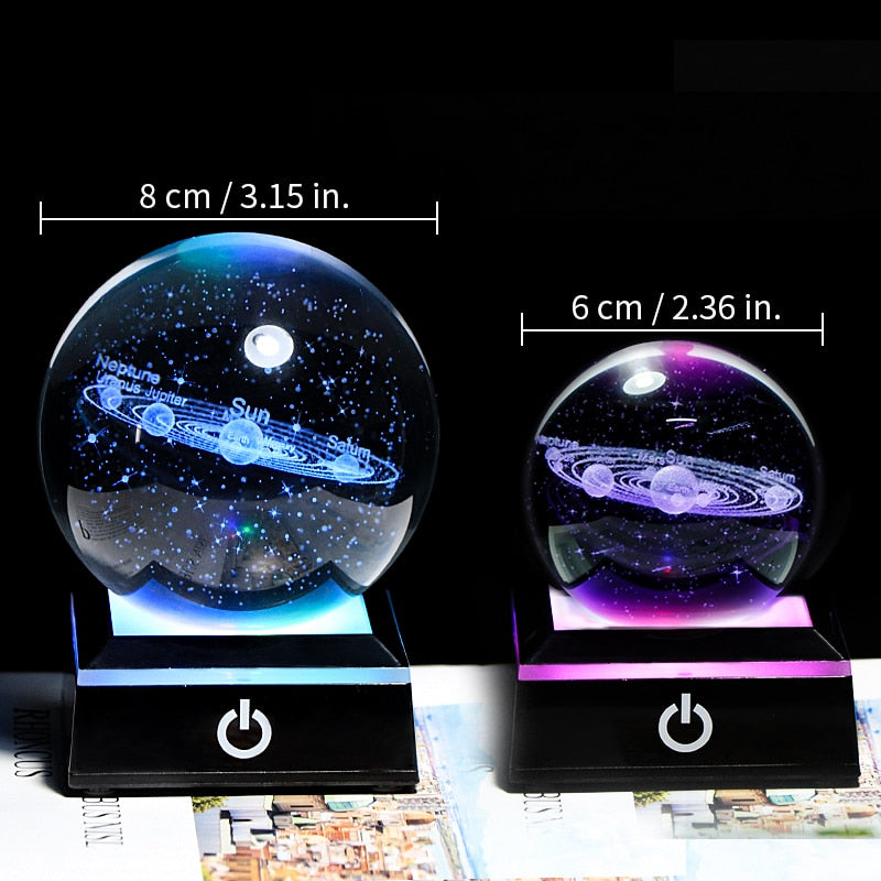 New 80mm K9 Crystal Solar System Planet Globe 3D Laser Engraved Sun System Ball with Touch Switch LED Light Base Astronomy Gifts