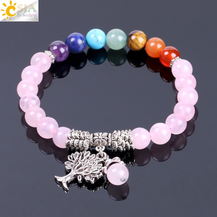 Natural Pink Crystal Quartz 7 Chakra Gem Stone Bead Bracelet Tree Pendant Prayer Healing Stretch Bangles Women Jewelry