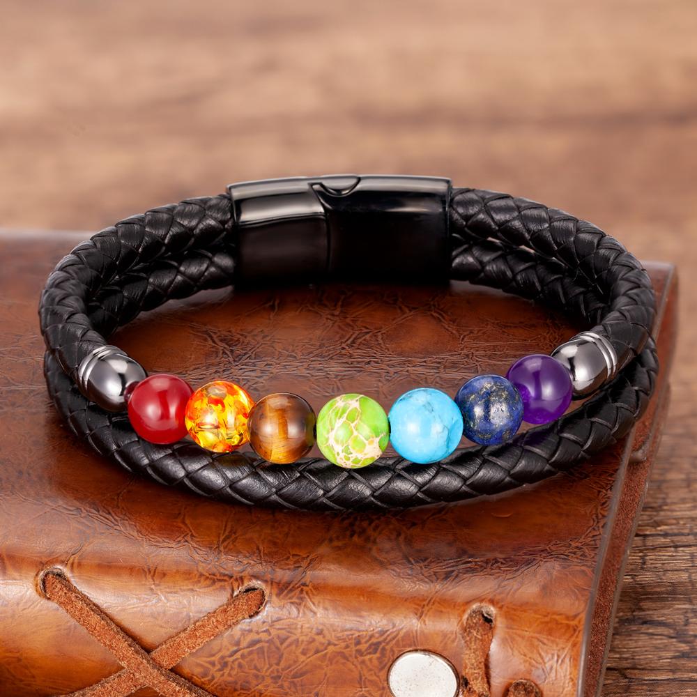 Natural Round Chakra Bead Stone Men and Women Bracelet Classic Black Genuine Leather Stainless Steel Bangles