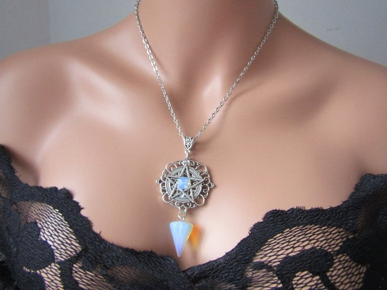 White Purple or Green Pentagram Necklace