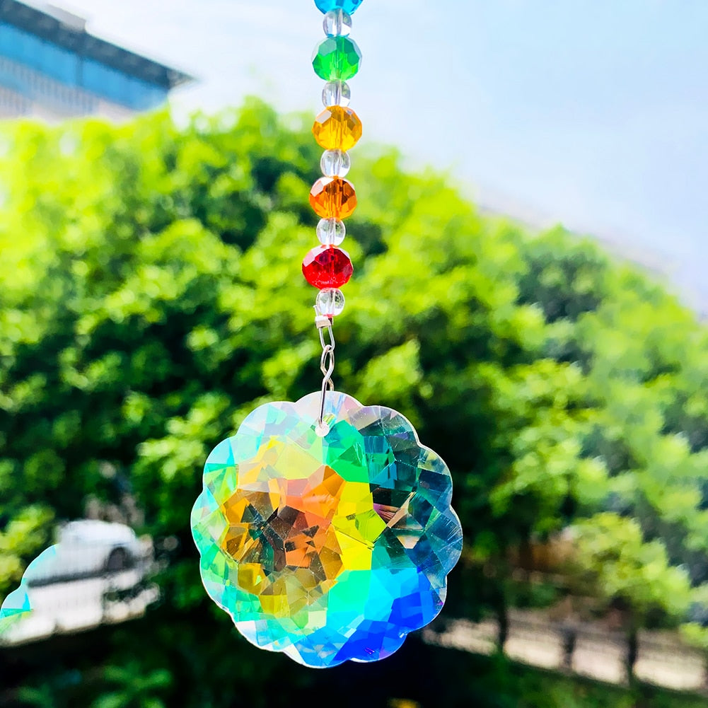 Rainbow Glass Spacer Beads Fire Polished AB Color Sun Flower Crystal Prism Sun Catcher Jewelry Pendant Yard Garden Hanging Decor