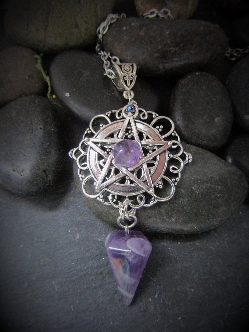 White Purple or Green Pentagram Necklace